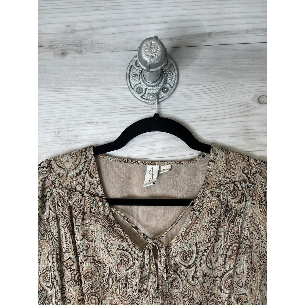 Joie Blouse Womens XS Brown Paisley Metallic Smocked Hem Long Sleeve V-Neck Tie - Picture 2 of 10